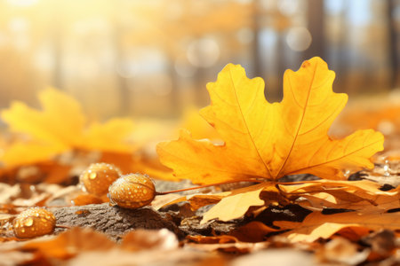 Glorious golden oak tree leaves shining brilliantly under the warm and vibrant sunlightの素材