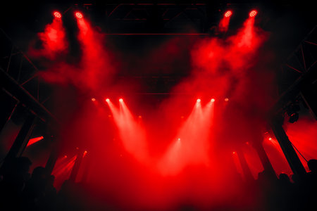 Striking red spot light creating an enchanting atmosphere on a stage enveloped in dense fogの素材