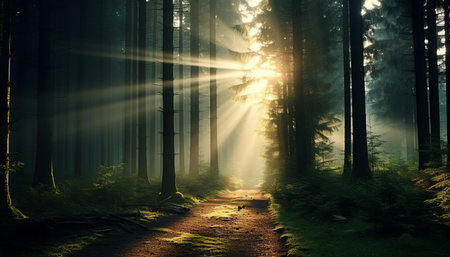 Glorious sunbeams casting an ethereal glow in a tranquil misty forest with radiant sunlight raysの素材