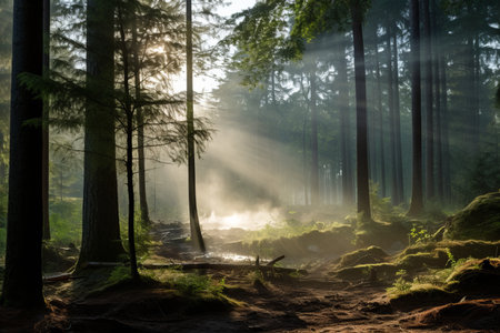 Captivating sunbeams casting a mesmerizing glow in a misty forest with radiant sun raysの素材