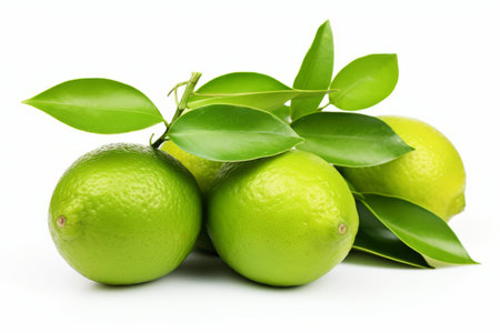 Green lemon with leaves isolated on white background   fresh citrus fruit concept for beveragesの素材