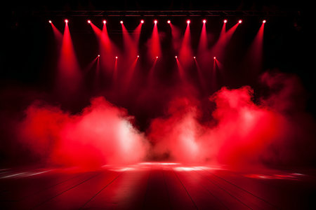 Intense and captivating red stage spotlight casting its glow through the atmospheric fogの素材