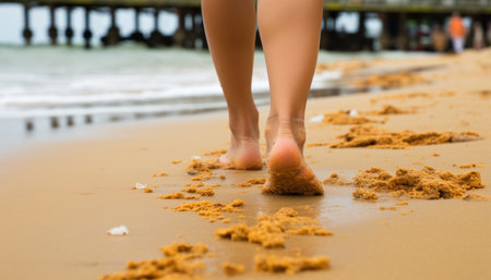 Relaxing beach travel   woman walking on sandy beach, enjoying the peaceful serenity up closeの素材