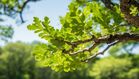 Sunlit oak tree leaves swaying in golden rays, creating a serene and enchanting natural ambianceの素材