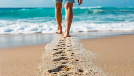 Serene beach travel closeup of a woman walking on the soft sand of a picturesque coastal beachの素材
