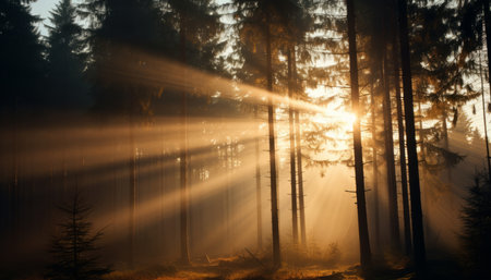 Enchanting misty forest with sunbeams and illuminating sunlight rays creating a serene atmosphereの素材