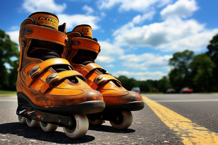 Vibrant rollerblades inline skates on sunny summer day, gliding smoothly on open roadの素材