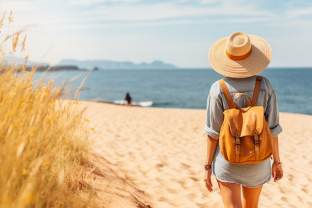 Idyllic summer beach vacation unrecognizable woman blissfully enjoying a sun kissed holidayの素材
