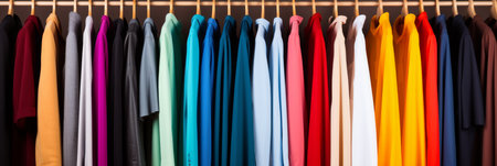 Vibrant and fashionable clothing rack with colorful assortment of clothes in a stylish closetの素材