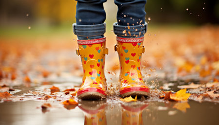 Enchanting autumn scenery with vibrant leaves and stylish rain boots on a misty fall dayの素材