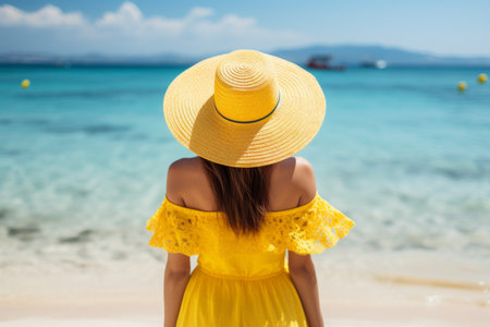 Tranquil summer beachscape unidentifiable woman savoring a delightful sun soaked holidayの素材