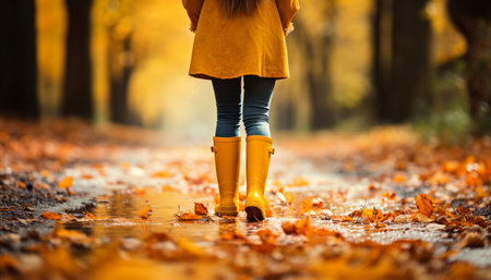 Scenic autumn landscape with vibrant foliage, colorful falling leaves, and stylish rain bootsの素材