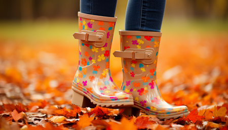 Stunning autumn landscape with vibrant colorful leaves and trendy rain boots on a rainy dayの素材