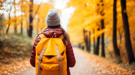 Serene hiker woman enjoying a peaceful autumn forest hike on a picturesque fall trailの素材