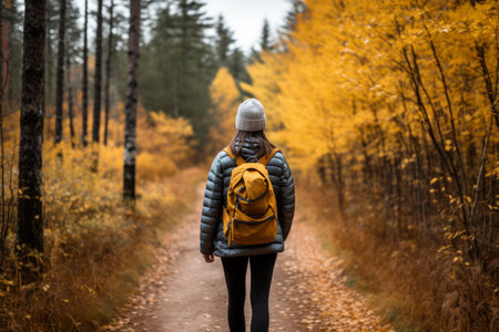 Hiker woman exploring autumn forest trail amidst vibrant fall foliage, embracing active lifestyleの素材