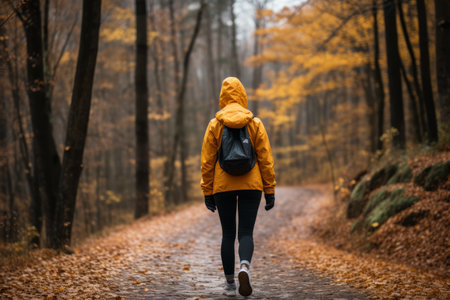 Hiker woman exploring vibrant autumn forest trail, embracing natures beauty and an active lifestyleの素材