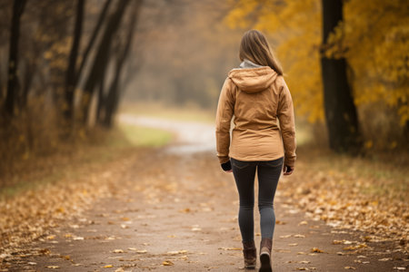 Serene autumn forest nature trail with unrecognizable woman hiking in the picturesque woodsの素材