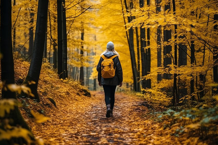 Hiker woman exploring forest hiking trail with vibrant fall foliage background in autumn seasonの素材