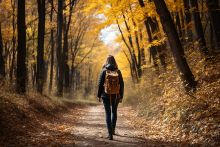 Hiker woman on forest trail in fall nature background, active lifestyle, people hiking in autumn.の素材