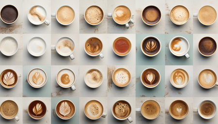 Multiple coffee mugs arranged on a white stone table, captured from an overhead view.の素材
