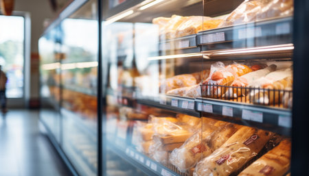 Blurred and luminous out of focus view of a spacious interior in a bustling grocery storeの素材