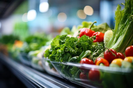 Blurred bright interior of a bustling grocery store with captivating out of focus effectsの素材