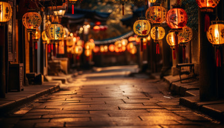 Colorful chinese new year street filled with bustling energy and adorned with vibrant red lanternsの素材