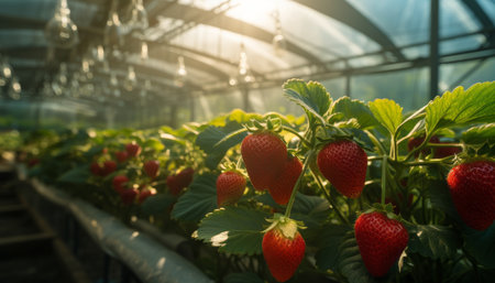 Vibrant and flourishing organic strawberry plant thriving in a controlled greenhouse environmentの素材