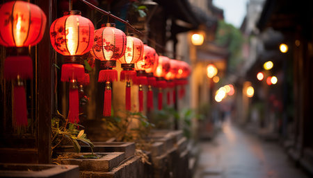 Vibrant chinese new year street with red lanterns, showcasing festive atmosphere and joyの素材