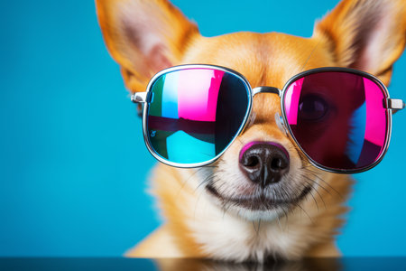 dancing dog in colorful outfit and sunglasses on vibrant background, travel and fun conceptの素材