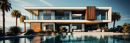 Stunning modern white house with a refreshing pool, offering breathtaking ocean viewsの素材