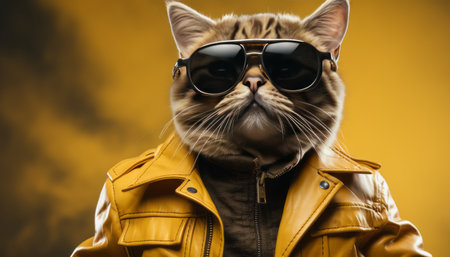 Stylish cat in colorful clothes and sunglasses dancing on bright background, travel conceptの素材