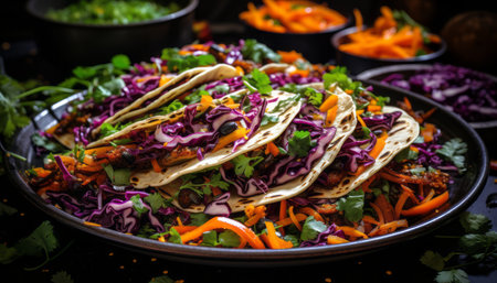 Gourmet seafood taco plate with fresh ingredients and colorful veggies, created by aiの素材