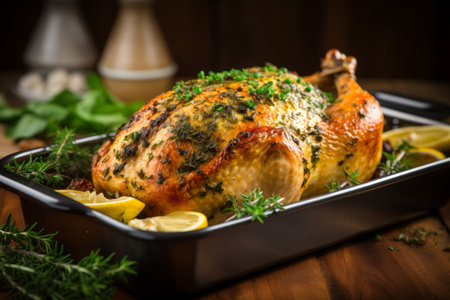 Sizzling roast chicken with tempting golden brown skin, cooked to perfection in a hot pan.の素材