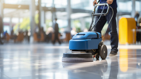 Office floor cleaning service   professional janitor cleaning floor with blurred office backgroundの素材