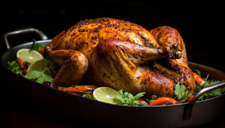 Mouthwatering, perfectly seasoned roast chicken sizzling in a pan, creating a tantalizing aromaの素材