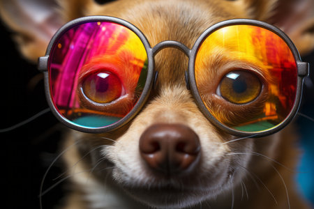 dancing dog in colorful attire and sunglasses on vibrant background, travel and fun conceptの素材