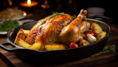 Mouthwatering roast chicken with crispy skin, sizzling and browning to perfection in a hot panの素材