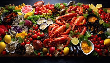 Oceanic delicacies fresh fish, shellfish, crabs, octopuses, mussels, oysters, shrimps on iceの素材