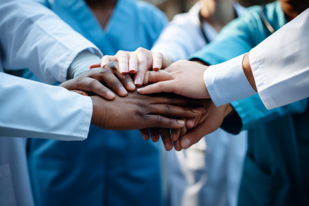 United and diverse multiethnic medical team joining hands in solidarity and cooperationの素材