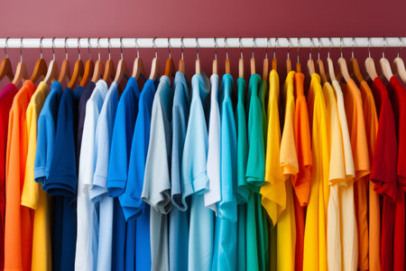 Fashionable and trendy collection of clothes on colorful clothing rack in stylish closetの素材