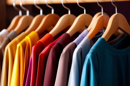 Stylish and trendy fashion clothes hanging on a colorful clothing rack in a well organized closetの素材