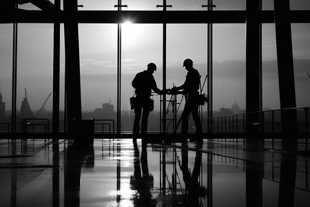 Professional office window washing service with squeegee and cleaning equipment on a sunny dayの素材