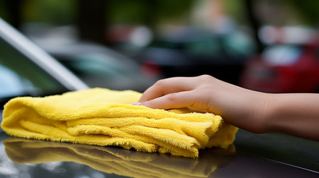 Unrecognizable person carefully cleaning car with washcloth on sunny day   wide shot of maintenanceの素材