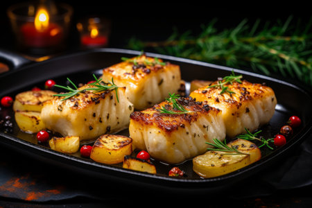 Mouthwatering roasted fish cooking in a sizzling pan   perfectly seasoned and golden brownの素材