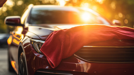Unrecognizable person cleaning car with washcloth on a bright summer day in a wide shotの素材