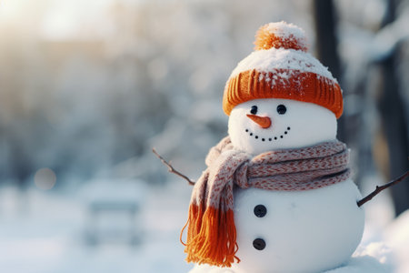 Cute snowman in hat and scarf standing in winter forest close up with blurred backgroundの素材