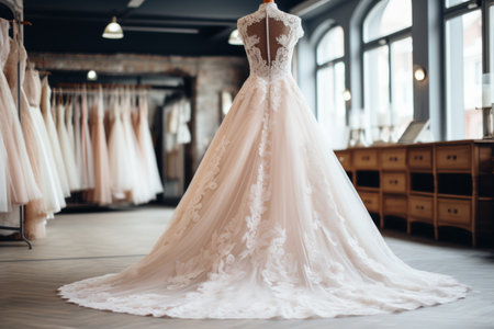 Beautiful, elegant luxury bridal dresses on hangers   white wedding gowns in boutique salonの素材