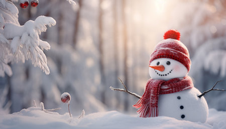 Adorable snowman wearing a cozy hat and scarf, close up portrait in the enchanting winter forestの素材