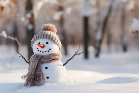 Charming snowman with hat and scarf in winter forest, close up with blurred backgroundの素材